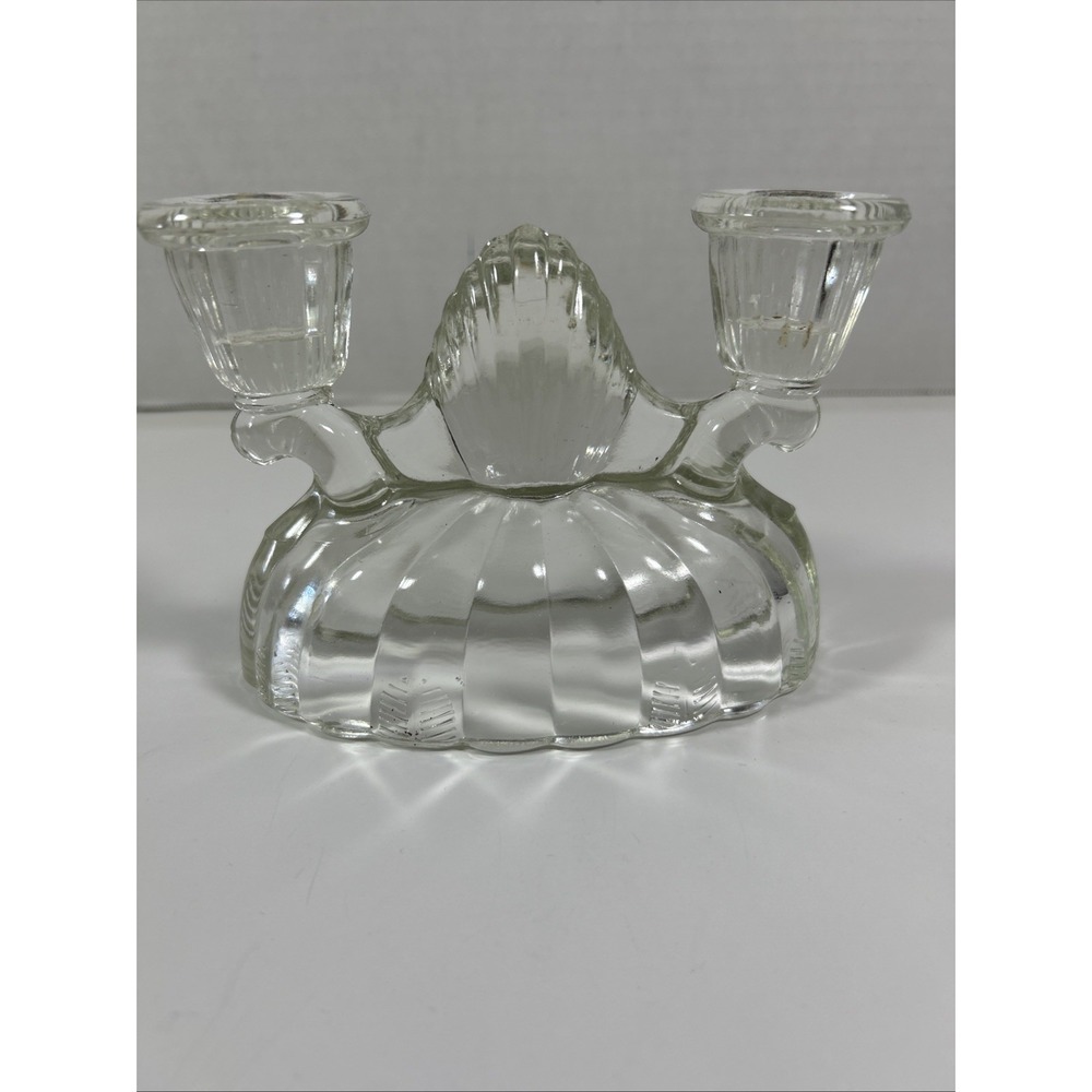 Vtg L E Smith Clear Glass Ridged Holiday Candelabra Double Candle Holder
